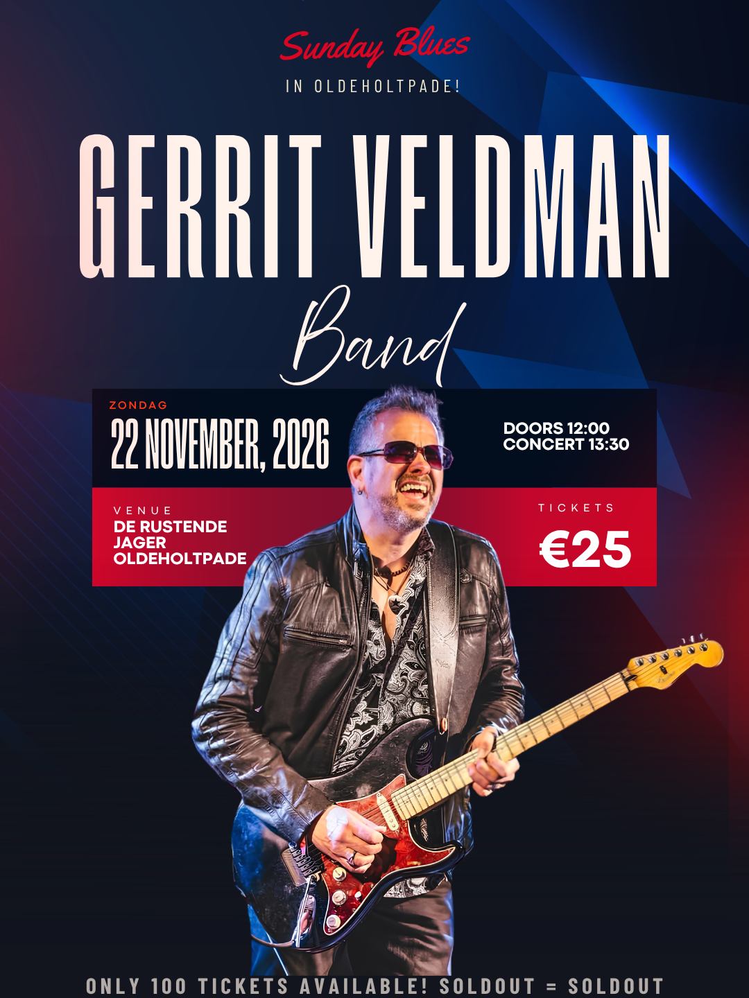 Poster Gerrit Veldman Band – Zondagse Blues op zondag 22 november 2026 in De Rustende Jager, Oldeholtpade
