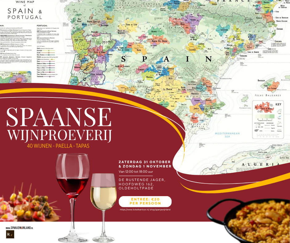 Poster Spaanse Wijnproeverij – 40 wijnen, paella en tapas op 31 oktober & 1 november 2026 bij De Rustende Jager, Oldeholtpade